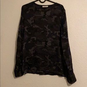 100% Silk long sleeve button cuff black camo top